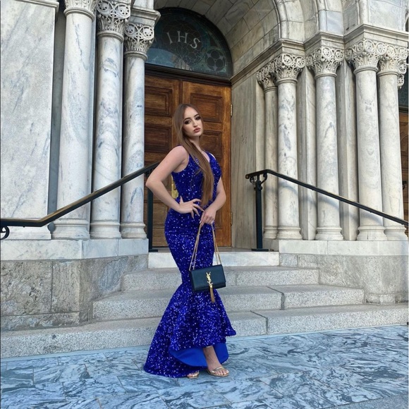 Royal blue maxi sequin evening gown prom dress - Picture 3 of 7